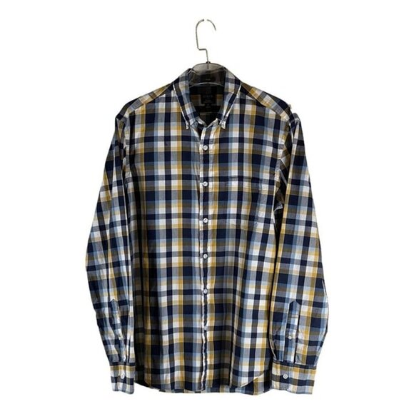J. Crew Men’s Slim Flex Washed Button Down Oxford Shirt Size M Blue Yellow Plaid - Picture 1 of 5